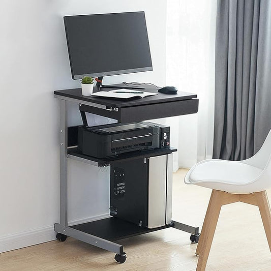 Topeakmart Mobile Computer Desk Office Desk Laptop Computer Table Study Writing Desk with Drawers and Printer Shelf on Wheels for Home Office