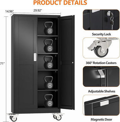 pozdeg 71" Metal Garage Storage Cabinets with Wheels, Lockable Rolling File Cabinets with 2 Doors and 4 Adjustable Shelves, Steel Tool Organizer Locker for Office Home Garage Gym School, Black