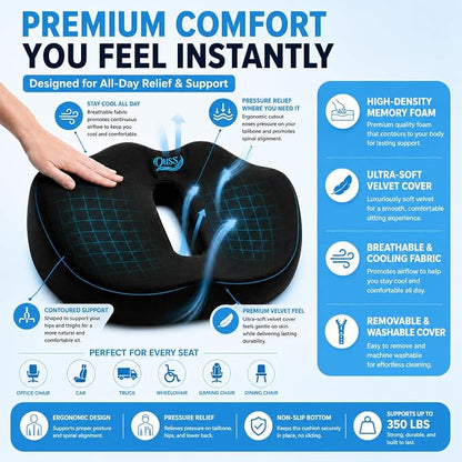 Seat Cushion, for Office Chairs, Coccyx & Tailbone Pain Relief, Ergonomic Design, Memory Foam, Non-Slip Washable Cover, for Office, Car, Wheelchair, Gaming