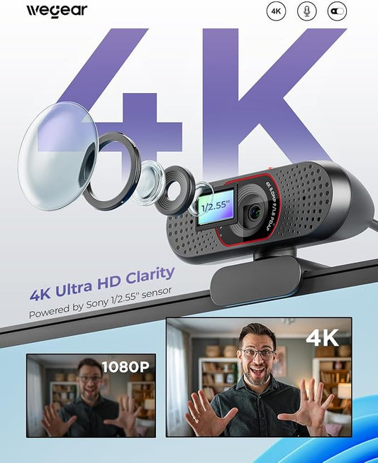 wegear 4K Webcam for PC, USB-A Computer Camera with Sony 1/2.55'' Sensor, 4K@30FPS & 1080P@60FPS, PDAF Autofocus, Dual Noise-Canceling Mics, Privacy Cover, 73° FOV for Meetings, Streaming & Gaming