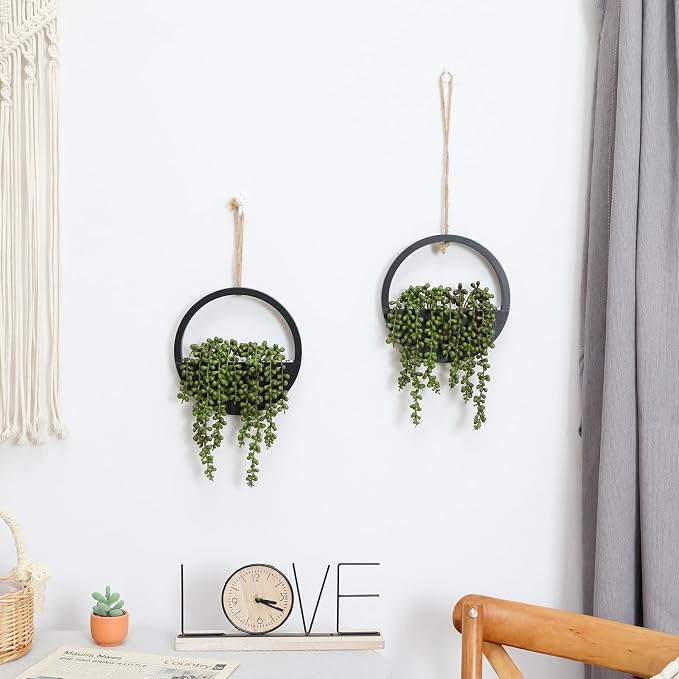 2 Pack Fake Plants Artificial Wall Hanging Plants, Boho Hanging Planter Fake Succulents Artificial String of Pearls in Black Wooden Pots with Lanyard for Home Office Wall Decoration