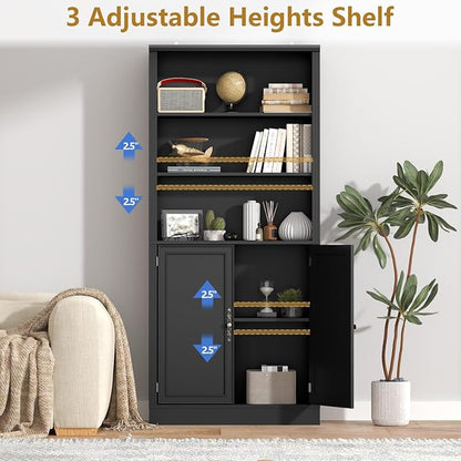 Thacuok 72'' Tall Bookcase with Doors, Adjustable Shelves, P2 MDF Construction, 32'' Wide Freestanding Cabinet with Metal Handles, Hidden Storage for Living Room, Bedroom