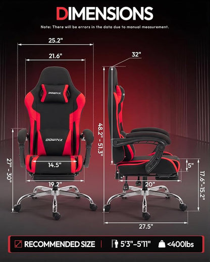 Dowinx Ergonomic Gaming Chair with Footrest & Massage Lumbar, 2D-Linkage Armrests for Computer Chair 330lbs with Headrest Pillow for Office, Home, Streaming and Long Gaming Sessions, Fabric Dark Red