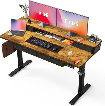 FiCiHi Electric Standing Desk with Four Drawers, 55 x 24 Inch Adjustable Height Sit Stand Desk, C-Clamp Compatible Home Office Desk with Storage Shelf & Monitor Stand Riser, Rustic Brown