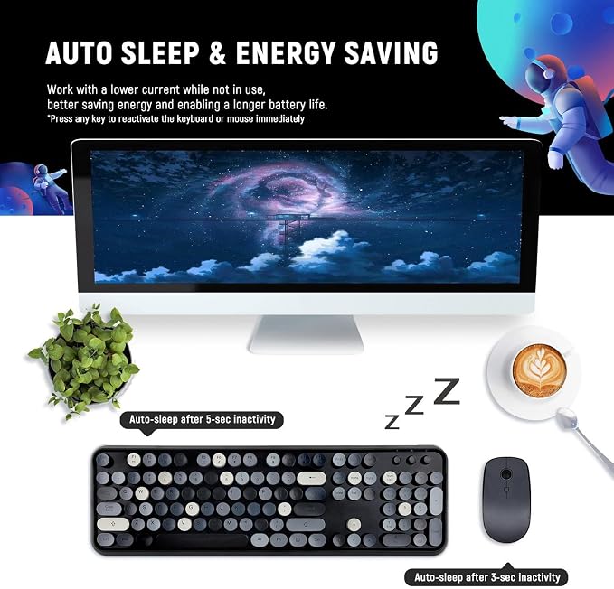 Wireless Keyboard and Mouse Combo, Retro Typewriter Style Round Key Keyboard, 2.4GHz Wireless Full Size Keyboard with Number Pad for Long Nails PC Laptop Desktop- Black Grey