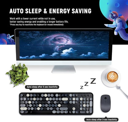 Wireless Keyboard and Mouse Combo, Retro Typewriter Style Round Key Keyboard, 2.4GHz Wireless Full Size Keyboard with Number Pad for Long Nails PC Laptop Desktop- Black Grey