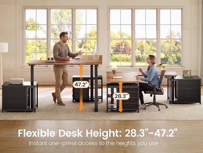 SEDETA L Shaped Electric Standing Desk with 7 Drawers, 63"×55.1" Height Adjustable Stand Up Desk with Power Outlets, 28.3"-47.2" Sit Stand Desk with Storage Shelves, 3 Memory Presets, Black + Brown