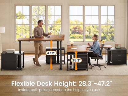 SEDETA L Shaped Electric Standing Desk with 7 Drawers, 63"×55.1" Height Adjustable Stand Up Desk with Power Outlets, 28.3"-47.2" Sit Stand Desk with Storage Shelves, 3 Memory Presets, Black + Brown