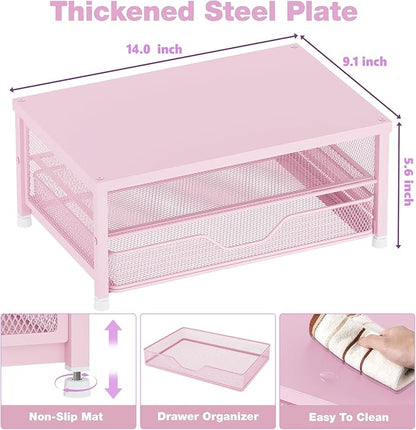 OPNICE Computer Monitor Stand Riser, Desk Organizer with Drawer, Printer & Laptop Stand, Office Desk Accessories & Workspace Desktop Organizers Storage for Office Supplies(Pink)