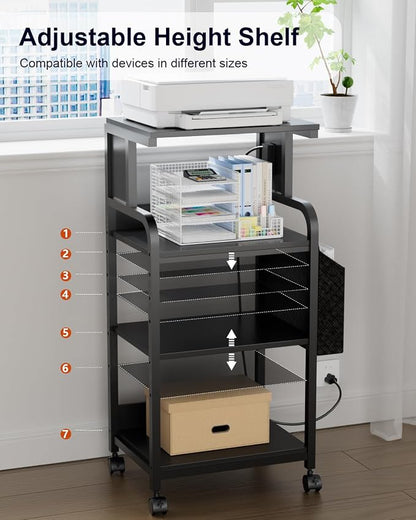 Tall Printer Stand with Storage Adjustable Shelf and Bag, 4-Tier Large Printer Table with Charging Station for Home Office, Printers Cart with Wheels for 3D Shredder Scanner Fax (Black)