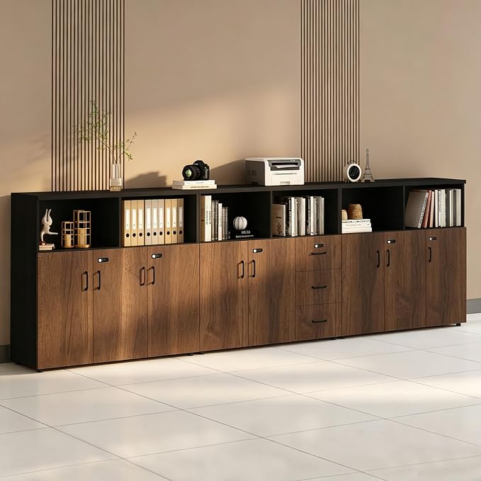 File Cabinet with Password Lock, Wood Lateral Filing Cabinet for Letter/A4 Files, 3 Drawer with Door, Printer Stand with Open Shelves for Home Office