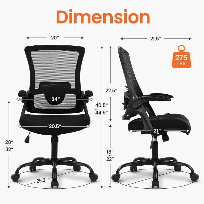 NEO CHAIR Office Chair High Back Desk Mesh Chair Comfy Computer Gaming Seat with Adjustable Ergonomic Lumbar Rolling Flip-up Armrests and Wheels (Black)
