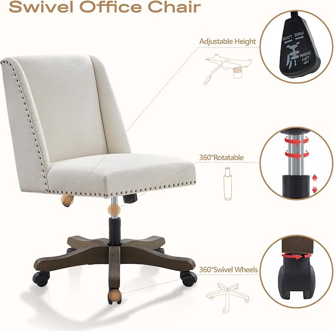 Zihanhome Armless Upholstered Office Chair with Wooden Legs, Modern Criss Cross Adjustable Home Office Desk Chair No Arms Sewing Chair Swivel Chair for Women Farmhouse Study Studio (Beige)