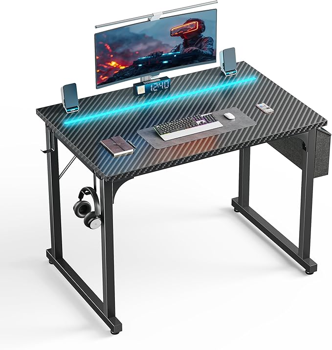 DurayLoly 32" Gaming Desk with Waterproof LED Lights, Carbon Fiber Desktop for Small Spaces | Home Office Study Computer Desk with Storage Bag & Headphone Hook, Black