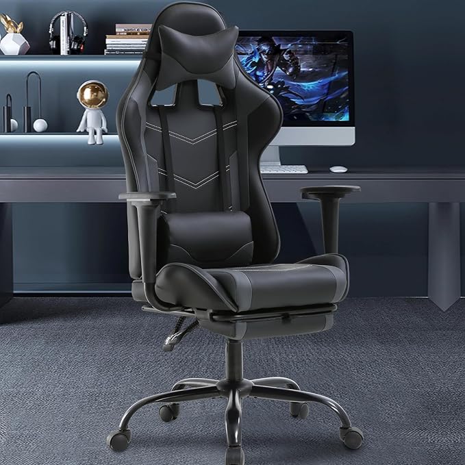 BestOffice | Ergonomic Gaming Chair | Grey | Reclining Computer Chair with Lumbar Support, Headrest Pillow, Adjustable Footrests | 360 Swivel with Heavy Duty Wheels | for Home & Office