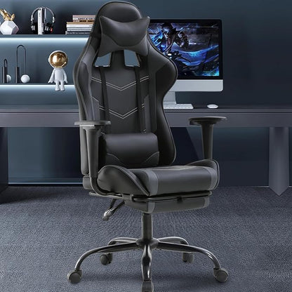 BestOffice | Ergonomic Gaming Chair | Grey | Reclining Computer Chair with Lumbar Support, Headrest Pillow, Adjustable Footrests | 360 Swivel with Heavy Duty Wheels | for Home & Office