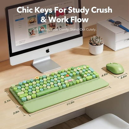 Wireless Keyboard and Mouse Combo, Cute Retro Typewriter Keyboard with Round Keycaps and Magnetic Wrist Rest, Full-Size 2.4GHz Cordless for Mac, Windows PC, Laptop, SABLUTE CK23, Green Multi-Color