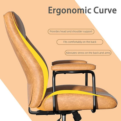 Brown Leather Office Chair, Mid Century Home Office Desk Chair | Ergonomic Curve Design, Removable Padded Arms, Height Adjustable Swivel Seat & Smooth Wheels, Vintage Mid-Back Computer Chair