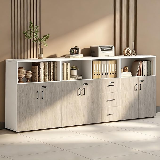 File Cabinet with Password Lock, Wood Lateral Filing Cabinet for Letter/A4 Files, 3 Drawer with Door, Printer Stand with Open Shelves for Home Office