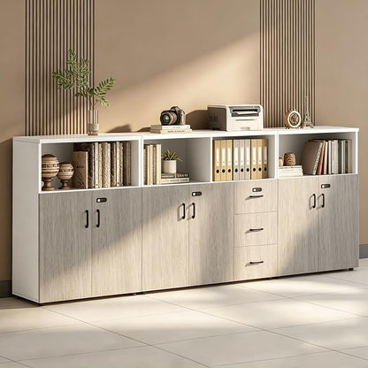 File Cabinet with Password Lock, Wood Lateral Filing Cabinet for Letter/A4 Files, 3 Drawer with Door, Printer Stand with Open Shelves for Home Office