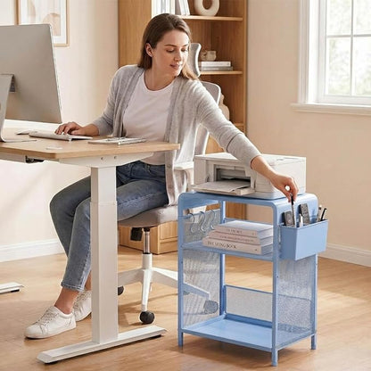 ECOLOVI 3 Tier Printer Stand for Under Desk, Height Adjustable Shelf Small Printer Table with 3 S-Hooks & Basket, Heavy Duty Industrial Storage Shelf for Home Office (Blue Metal)