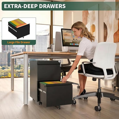 2 Drawer File Cabinet with Lock,Under Desk Filing Cabinet for Home Office Storage Letter/Legal/A4,Mobile Steel Cabinets with Wheels,Fully Assembled,Black