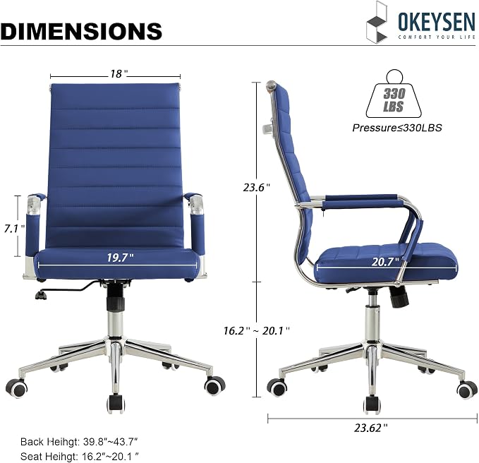 Okeysen Navy Blue Office Desk Chair, Ergonomic Leather Modern Conference Room Chairs, Executive Ribbed Height Adjustable Swivel Rolling Chair for Home Office.