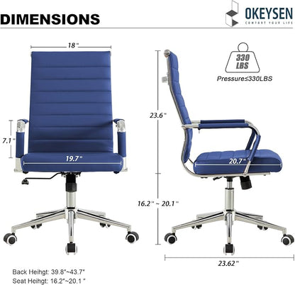 Okeysen Navy Blue Office Desk Chair, Ergonomic Leather Modern Conference Room Chairs, Executive Ribbed Height Adjustable Swivel Rolling Chair for Home Office.