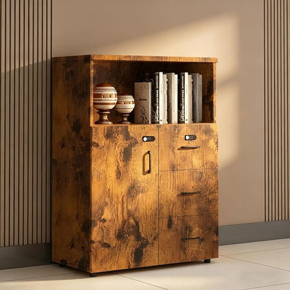 File Cabinet with Password Lock, Wood Lateral Filing Cabinet for Letter/A4 Files, 3 Drawer with Door, Printer Stand with Open Shelves for Home Office
