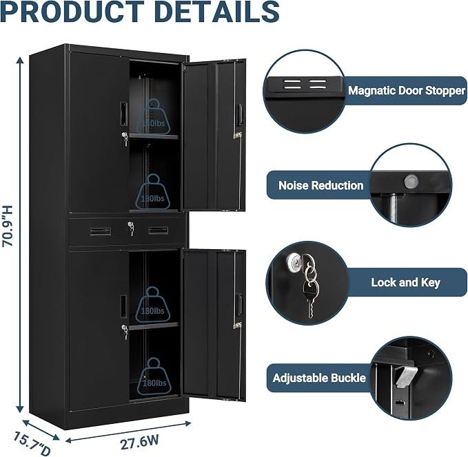 71" H Tall Metal Storage Cabinet with Drawer, Metal Garage Storage Cabinet with Lock and 2 Adjustable Shelves for Home, Office, Garage, Warehouse Organize, Black