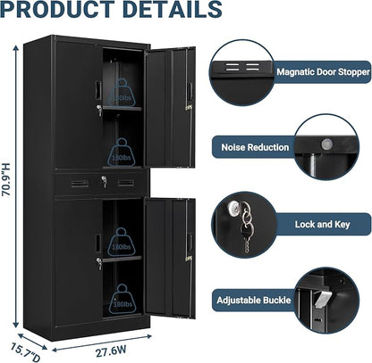 71" H Tall Metal Storage Cabinet with Drawer, Metal Garage Storage Cabinet with Lock and 2 Adjustable Shelves for Home, Office, Garage, Warehouse Organize, Black