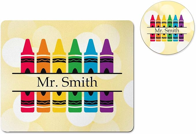 The Painted Pug Personalized Teacher Mousepad and Coaster Desk Set Gift for Teachers Appreciation Back to School Classroom Decor Custom Handmade (Yellow Crayon)