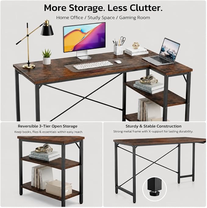 Simple Deluxe L Shaped Gaming Desk, 39 Inch Computer Desk with 2 Shelves, Corner Computer Desk for Gaming, Corner Work, Home Office, Study, Rust