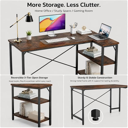 Simple Deluxe L Shaped Gaming Desk, 39 Inch Computer Desk with 2 Shelves, Corner Computer Desk for Gaming, Corner Work, Home Office, Study, Rust