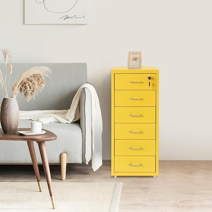 Vertical File Cabinet, 6 Drawers Rolling File Organizer Cabinets with Lock, Heavy Duty Metal Storage Cabinet, Movable Under Desk Filing Cabinet for Office, Study, Dresser (Yellow)