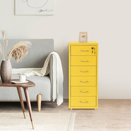 Vertical File Cabinet, 6 Drawers Rolling File Organizer Cabinets with Lock, Heavy Duty Metal Storage Cabinet, Movable Under Desk Filing Cabinet for Office, Study, Dresser (Yellow)