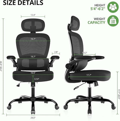 Ergonomic Office Chair 330 lb with Wheels, Lumbar Support & Headrest | Flip-Up Arms,Back Support,Gaming chairs,Breathable Mesh,2D Headrest