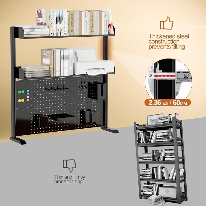 Adjustable Desktop Hutch Bookshelf, Desk Shelf Organizer with Pegboard and Thickened Metal Frame, 2 Tier Display Rack, Countertop Storage, Wood Bookcase for Home, Dorm or Office, Black, 38.9" W