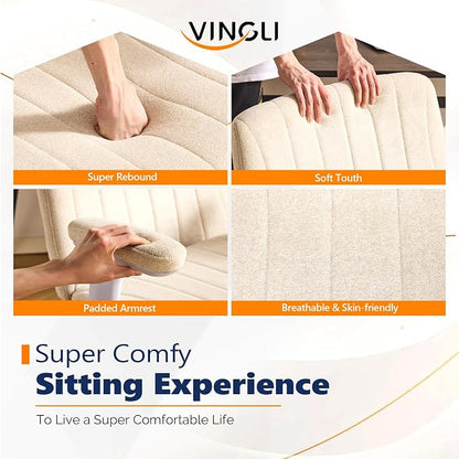 VINGLI Criss Cross Chair with Adjustable Flip-Up Arms,Cross Legged Chair with Wheels, Extra Wide Office Chair,Cozy Desk Chair for Home Office, Vanity, Apartment,Chenille Velvet,Beige
