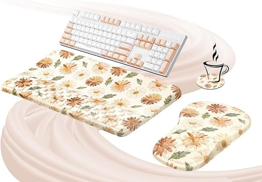 Ospelelf Keyboard Wrist Rest and Mouse Pad Set, Ergonomic Memory Foam Wrist Support, Aesthetic Desk Accessories for Office, Home & Gaming, Relief for Carpal Tunnel & Wrist Pain, Daisy