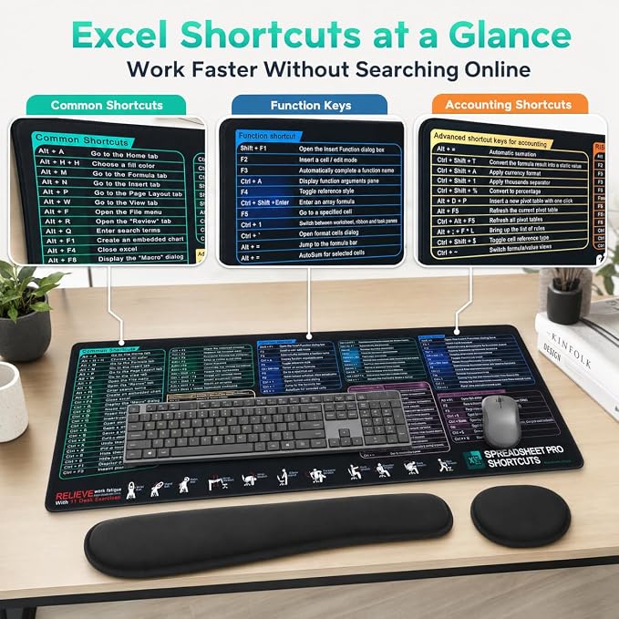Excel Cheat Sheet Mouse Pad Set, 3-Piece XXL Excel Shortcut Desk Mat with Keyboard Wrist Rest & Mouse Wrist Rest, Non-Slip Spreadsheet Reference Pad for Office, Accountants, Students, Carbon Black