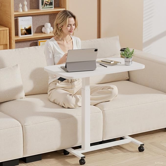 GTPLAYER Small Standing Desk with Lockable Wheels, Pneumatic Mobile Rolling Laptop Desk,Adjustable Height Overbed Bedside Table Computer Workstation for Home Office (32" W x 18" D, White)