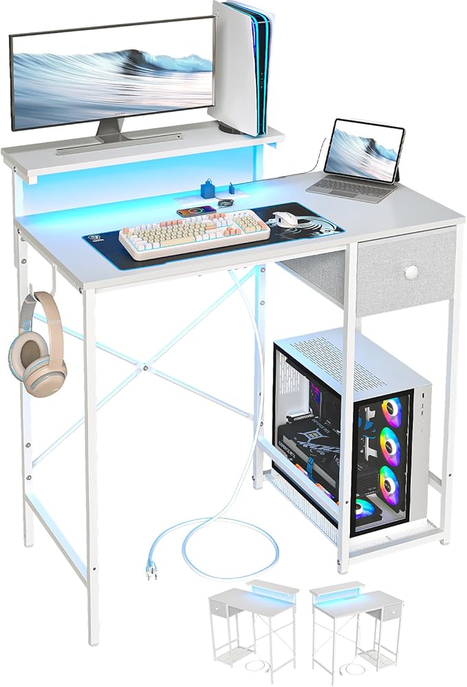 X-cosrack 33.5" Small Computer Desk with Monitor Stand & Outlets, Small Gaming Desk with LED Light & CPU Stand, Teen Study Writing Table with Storage Drawer, Side Hooks for Bedroom, Home Office White