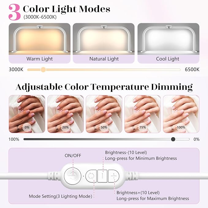 LIONVISON Nail Light for Desk: 29" Foldable Half Moon Light for Nail Tech with Phone Holder - 3 Color Modes & 10 Brightness - 40W Arch LED Nail Desk Lamp for Manicure Salon (with Diamond)