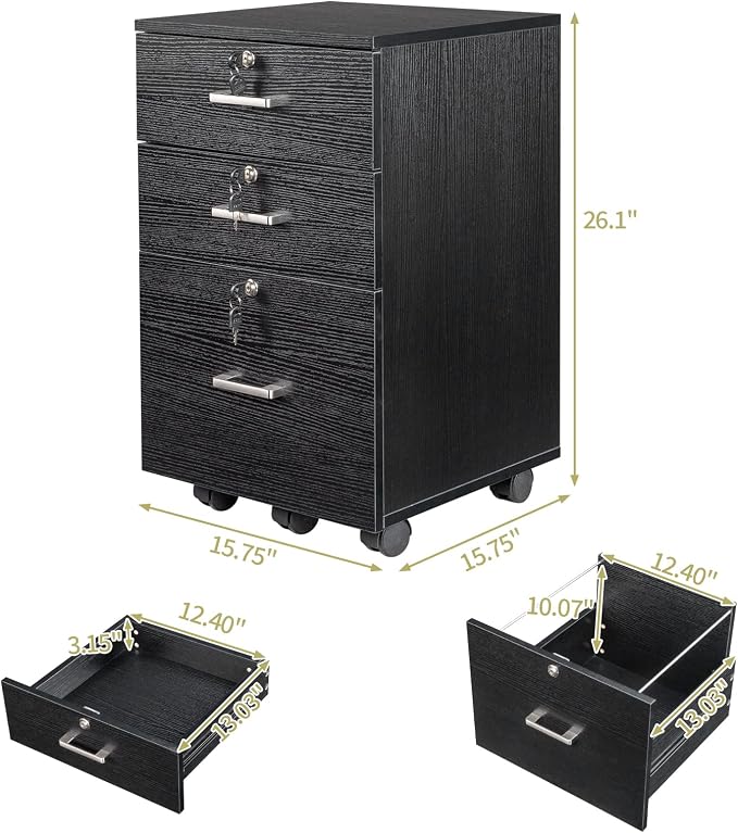 Bonnlo 26" H 3 Drawer File Cabinet with Lock, Rolling File Cabinet Under Desk, Mobile File Cabinets for Home Office, Wood Black File Cabinet Printer Stand for Letter Size Hanging/Manila File Folders