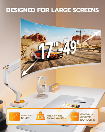 ARES WING Monitor Arm for 17-49 Inch, Ultrawide Single Monitor Mount Holds up to 44lbs, Heavy Duty Mechanical Spring Monitor Stand Adjustable Arms, 75/100 VESA Mount with Clamp/Grommet Base, White