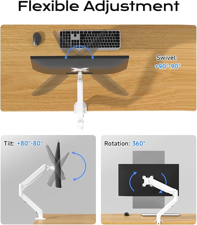 Pholiten Single Monitor Mount, Fully Adjustable Gas Spring Single Monitor Arm for up to 32 inch Screens, Computer Monitor Stand for Desk Holds up to 24lb, VESA 75/100mm, White