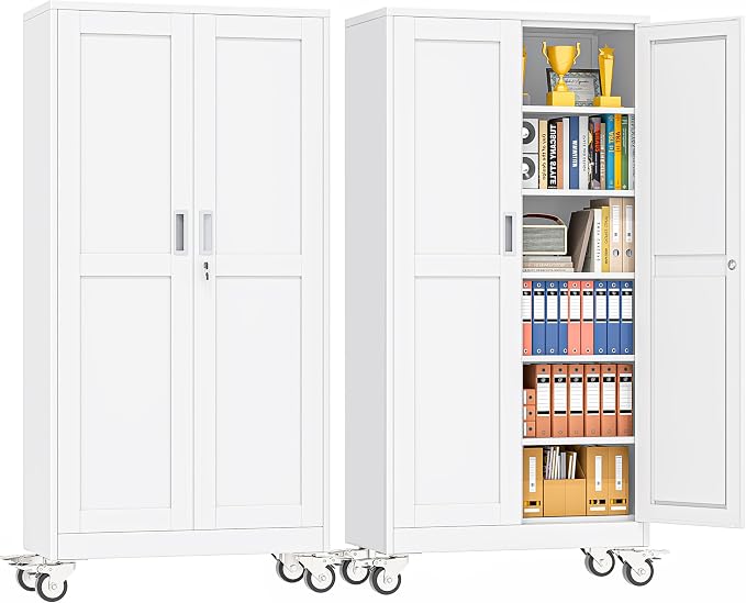pozdeg 73.6" Metal Garage Storage Cabinets with Wheels, Lockable Rolling File Cabinets with 2 Doors and 5 Adjustable Shelves, Steel Tool Organizer Locker for Office Home Garage Gym School, White