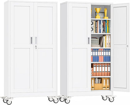pozdeg 73.6" Metal Garage Storage Cabinets with Wheels, Lockable Rolling File Cabinets with 2 Doors and 5 Adjustable Shelves, Steel Tool Organizer Locker for Office Home Garage Gym School, White