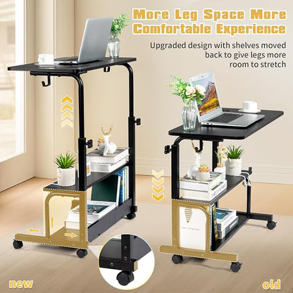 Karl home 31.5" Portable Rolling Desk on Wheels,Height Adjustable Standing Desk with 2 AC Outlets/3 USB Ports,Mobile Laptop Table with Hooks and Storage Shelves for Home Office，Black